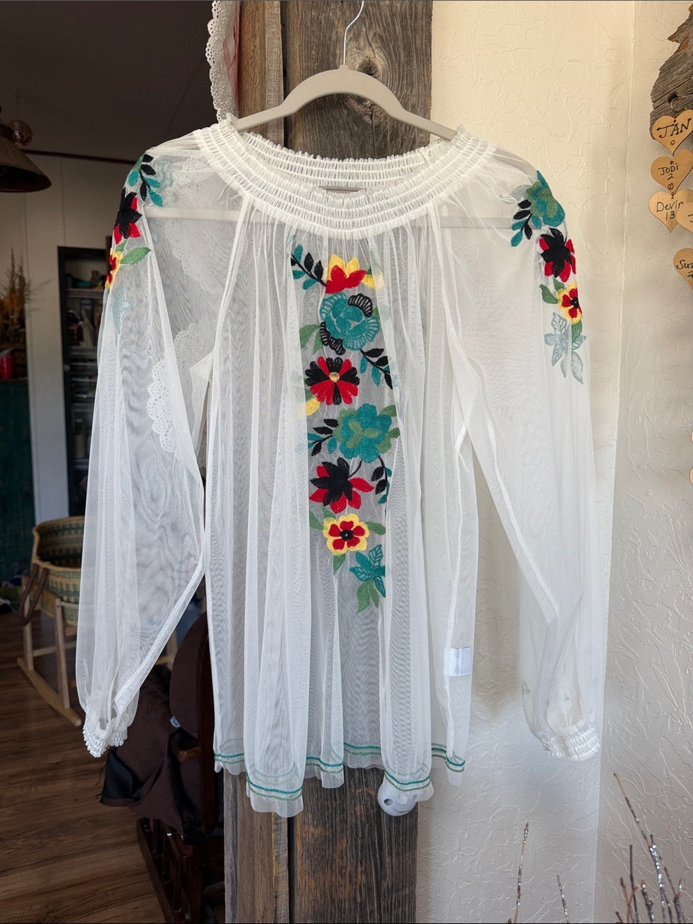Double D Ranch Bohemian floral Embroidered White Sheer Peasant Blouse